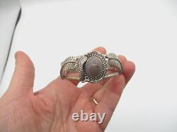 NAVAJO STERLING SILVER CUFF BRACELET w STONE & LEAF NATIVE AMERICAN w HALLMARK