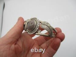 NAVAJO STERLING SILVER CUFF BRACELET w STONE & LEAF NATIVE AMERICAN w HALLMARK