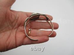 NAVAJO STERLING SILVER CUFF BRACELET w STONE & LEAF NATIVE AMERICAN w HALLMARK