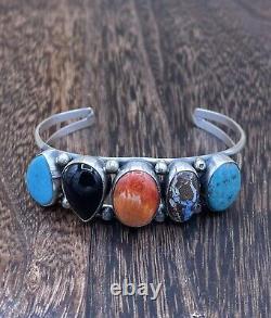 Native American Navajo Handmade Sterling Silver Multi Stone color Cuff Bracelet