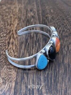 Native American Navajo Handmade Sterling Silver Multi Stone color Cuff Bracelet