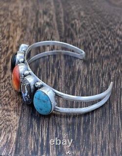 Native American Navajo Handmade Sterling Silver Multi Stone color Cuff Bracelet