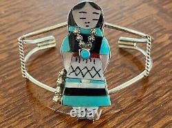 Native American Zuni Joyce Waseta Signed 2 Olla Maiden Sterling Silver Bracelet