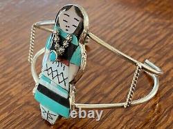 Native American Zuni Joyce Waseta Signed 2 Olla Maiden Sterling Silver Bracelet