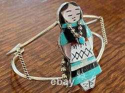 Native American Zuni Joyce Waseta Signed 2 Olla Maiden Sterling Silver Bracelet