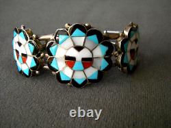 Native American Zuni Multi-Stone Inlay Sterling Silver Sunface Cuff Bracelet