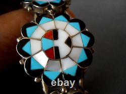 Native American Zuni Multi-Stone Inlay Sterling Silver Sunface Cuff Bracelet