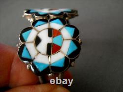 Native American Zuni Multi-Stone Inlay Sterling Silver Sunface Cuff Bracelet