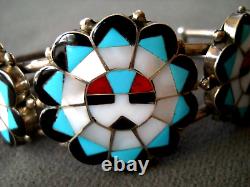 Native American Zuni Multi-Stone Inlay Sterling Silver Sunface Cuff Bracelet