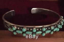 Native Zuni Old Pawn Sterling Silver Needlepoint Turquoise Cuff Bracelet