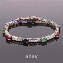 Natural Emerald Ruby Blue Sapphire & CZ Gemstones 925 Sterling Silver Bracelet