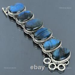 Natural Labradorite 925 Sterling Silver Chain Art Deco Vintage Bracelet Jewelry