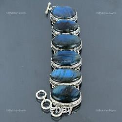 Natural Labradorite 925 Sterling Silver Chain Art Deco Vintage Bracelet Jewelry