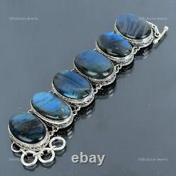 Natural Labradorite 925 Sterling Silver Chain Art Deco Vintage Bracelet Jewelry