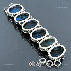 Natural Labradorite 925 Sterling Silver Chain Art Deco Vintage Bracelet Jewelry