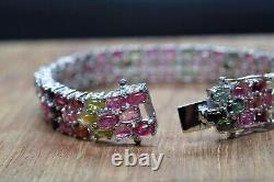 Natural Multi Tourmaline Gemstone Tennis Bracelet 925 Sterling Silver For Women