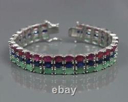 Natural Ruby & Emerald Sapphire Mix Gemstone Bracelet, 925 Sterling Silver, Gift