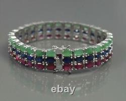 Natural Ruby & Emerald Sapphire Mix Gemstone Bracelet, 925 Sterling Silver, Gift