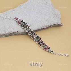 Natural Tourmaline Gemstone Chain Bracelet 925 Sterling Silver Jewelry For Women