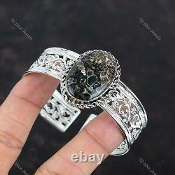 Natural Turritella Agate Gemstone Bangle Adjustable 925 Sterling Silver Jewelry