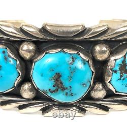 Navajo Solid Sterling Silver Turquoise Cuff Bracelet Native American Signed