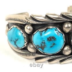 Navajo Solid Sterling Silver Turquoise Cuff Bracelet Native American Signed