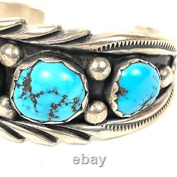 Navajo Solid Sterling Silver Turquoise Cuff Bracelet Native American Signed