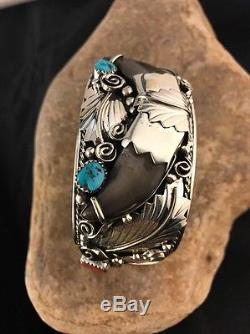Navajo Sterling Silver Turquoise Coral Bear Sharp Nail Mens Bracelet