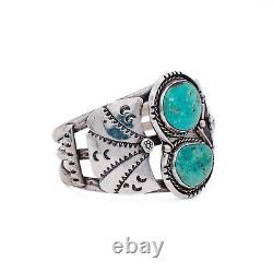 Navajo Two-Stone Turquoise Sterling Silver Old Pawn Cuff Bracelet