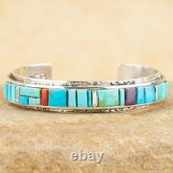 New Navajo Indian Sterling Silver Turquoise Raised Inlay Cuff Bracelet By PEB