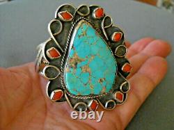 OLD Native American Navajo Aqua Turquoise Coral Cluster Sterling Silver Bracelet