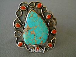 OLD Native American Navajo Aqua Turquoise Coral Cluster Sterling Silver Bracelet
