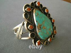 OLD Native American Navajo Aqua Turquoise Coral Cluster Sterling Silver Bracelet