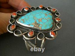 OLD Native American Navajo Aqua Turquoise Coral Cluster Sterling Silver Bracelet