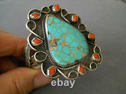 OLD Native American Navajo Aqua Turquoise Coral Cluster Sterling Silver Bracelet