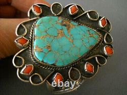 OLD Native American Navajo Aqua Turquoise Coral Cluster Sterling Silver Bracelet