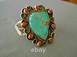 OLD Native American Navajo Aqua Turquoise Coral Cluster Sterling Silver Bracelet