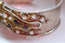 Old 1980's Gemstone Cuff Bracelet Amethyst Garnet pearl etc + earrings 60 gms+