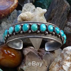 Old Navajo Turquoise Handmade Row Cuff Bracelet in Sterling with Raindrops 25 Gr
