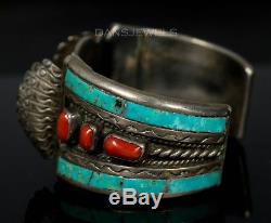 Old Pawn Navajo TURQUOISE & RED CORAL Sterling Silver Watch CUFF Bracelet