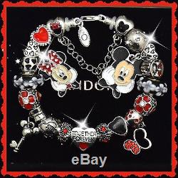 PANDORA Sterling Silver Bracelet Disney Mickey Minnie Red European Charms New