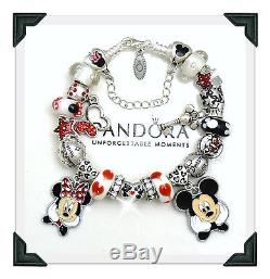 PANDORA Sterling Silver Charm Bracelet + Euro Charms Disney Mickey Minnie New