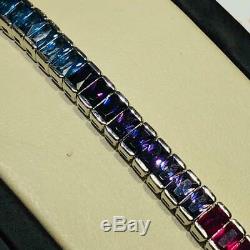 Platinum Sterling Silver Emerald Cut Rainbow Color Sapphire Tennis Bracelet Gift