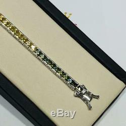 Platinum Sterling Silver Princess Cut Rainbow Color Sapphire Tennis Bracelet 7