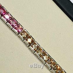 Platinum Sterling Silver Princess Cut Rainbow Color Sapphire Tennis Bracelet 7