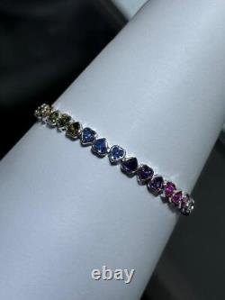 Platinum Sterling Silver Rainbow Sapphire Heart Shape Halo Tennis Bracelet 7 L