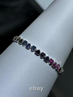 Platinum Sterling Silver Rainbow Sapphire Heart Shape Halo Tennis Bracelet 7 L