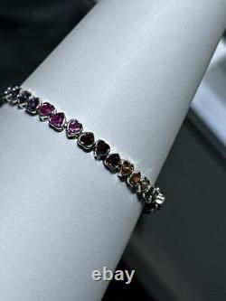 Platinum Sterling Silver Rainbow Sapphire Heart Shape Halo Tennis Bracelet 7 L