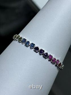 Platinum Sterling Silver Rainbow Sapphire Heart Shape Halo Tennis Bracelet 7 L