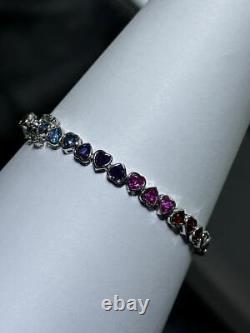 Platinum Sterling Silver Rainbow Sapphire Heart Shape Halo Tennis Bracelet 7 L